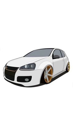 a white car with gold rims is shown