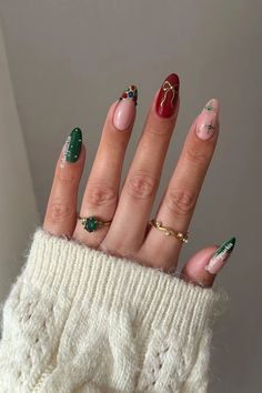 Pointsetta Nail Design, Non Traditional Christmas Nails, Almond Shaped Christmas Nails, December Nail Ideas, Mismatched Nails, Nails 2025, Mani Monday, Festive Nails, Nail Board