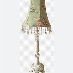 a lamp that is sitting on top of a white stand with a flowered lampshade