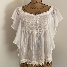 New Esley Gorgeous White Embroidered Stretchy Tank Top Women`S Size S Fits Medium Too. Armpit To Armpit - 19" 4. L Summer Lace Blouse With Crochet Trim, Lace Blouse With Floral Embroidery, Flowy Lace Tops With Lace Patchwork, Casual Floral Embroidered Lace Top, Bohemian Embroidered Lace Top For Spring, Embroidered Bohemian Lace Top For Summer, Fitted Embroidered Top With Lace Trim, Vacation Lace Tops With Lace Work, Summer Embroidered Lace Top With Lace Trim