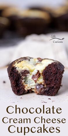 chocolate cream cheese cupcakes on a plate with the title above it that reads, chocolate ice cream cupcakes