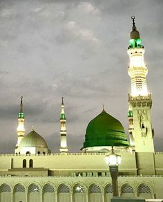 a large white building with two green domes