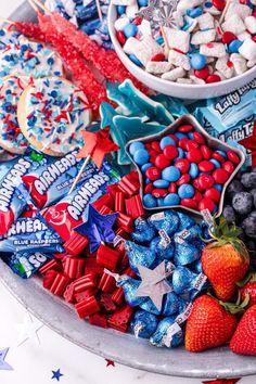 a platter filled with red, white and blue candies