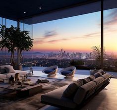 a living room filled with furniture and a large window overlooking the city at sunset or dawn