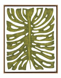 a large green leaf in a wooden frame on a white background with the words,'tropical