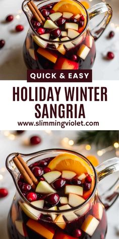 holiday sangria in a pitcher with apples, cranberries and orange slices