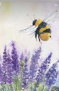 a watercolor painting of a bee flying over lavenders in the sunlit sky