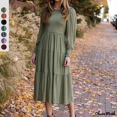 Olivia Mark - Enchanting Ruffled Edges Round Neck Long Dress with Long Sleeves Boho Lanterns, Maxi Dress With Long Sleeves, Wardrobe Measurements, Womens Long Dresses, Basic Skirt, Lotus Leaf, Dress With Long Sleeves, Matcha Green, Sleeve Maxi Dress