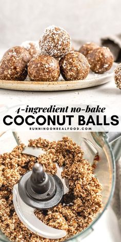 ingredients for no bake coconut balls in a food processor and on a plate with the words ingredient non - bake coconut balls