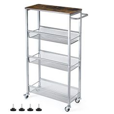 three shelves with wheels and one shelf on each side