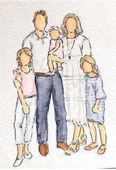 a watercolor drawing of a family standing together