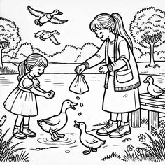 a black and white drawing of two girls feeding ducks