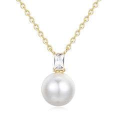 PRICES MAY VARY. Exquisite Zirconia Pearl Design: This women's pearl pendant necklace combines the classic beauty of 9.5mm imitation pearl with the versatile elegance of zirconia Chain: The 14k gold plated 925 sterling silver cable chain enhances the beauty of this pearl necklace while ensuring that it maintains its shine and elegance over time. The chain of this women's pearl necklace measures 16"(40cm) with 2"(5cm) extender, providing flexibility to adjust the length for a ideal fit Pearl Neck Women Gold Necklace, Pearl Neck, Necklace For Women Gold, Dainty Pearl Necklace, Single Pearl Necklace, Pearl Design, Pearl Pendant Necklace, Gold Plated Necklace, Birthstone Necklace