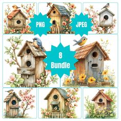 the birdhouse is shown in eight different pictures