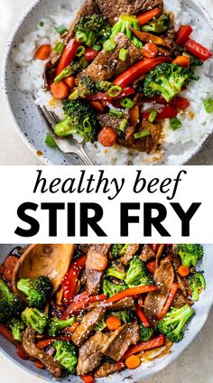 healthy beef stir fry with broccoli, carrots and rice in a bowl