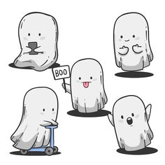 cartoon ghost characters with different poses and expressions, including one holding a sign that says boo