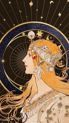 a painting of a woman's face with stars and moon designs on her head