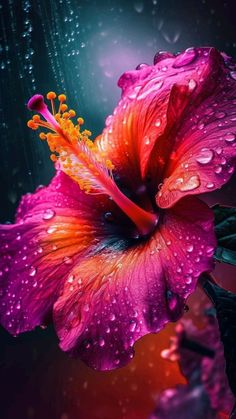 a purple flower with water droplets on it's petals and the center is red