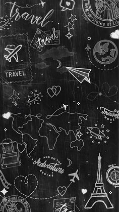 a blackboard with various travel related items on it and the words travel written in chalk