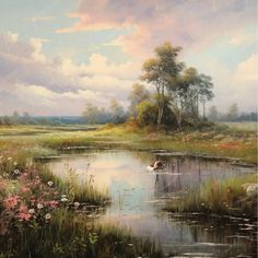 an oil painting of a pond in the middle of a field with flowers and trees