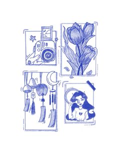 four different pictures with flowers and other things in them, all drawn on white paper