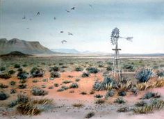 a painting of a windmill in the middle of a desert with birds flying over it