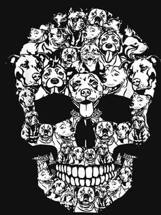 a black and white drawing of a skull with lots of dogs on it's face