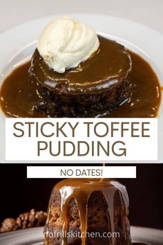 sticky toffe pudding on a plate with caramel drizzle and whipped cream