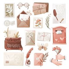 an assortment of different types of cards and envelopes on a white background with pink accents