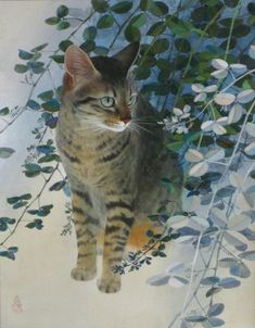 a painting of a cat standing in front of some leaves