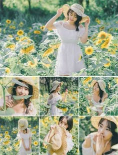 a woman in a sunflower field poses for pictures