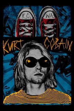 a man with sunglasses on top of his head and the words kuret cobain