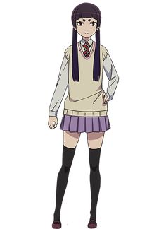 an anime character with long black hair wearing a skirt and tie, standing in front of a white background