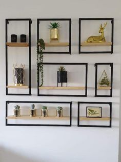 the shelves are filled with plants and other decorative items in black metal frames on white walls