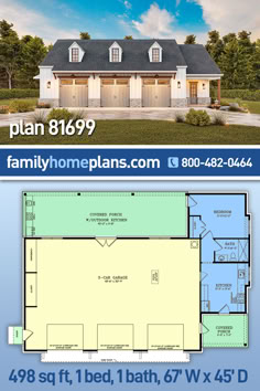 the floor plan for this home is shown in blue and white, with an attached garage