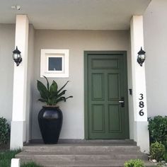 a green door sits in front of a white building with two black urns on the steps