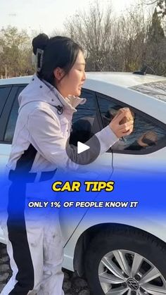 a woman in white jacket standing next to a car with the words car tips on it