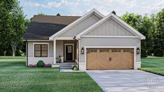 a two car garage is in front of a house