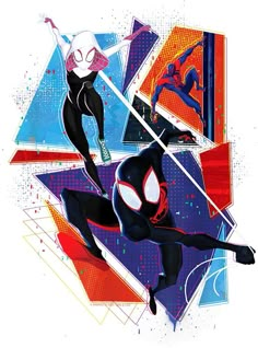 spider - man and black widow collaged together in front of an abstract background