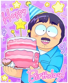 the cartoon character is holding a birthday cake