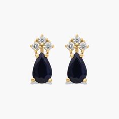 14K Yellow Gold Pear Shaped Sapphire & Tri-Diamond Stud Earrings. Feel like a queen in these luxurious earrings. Featuring a beautiful pear shaped gemstone with three diamonds adorning the top, these expertly crafted earrings are the epitome of elegance. Pair them with the matching necklace for a truly regal look. Luxurious Earrings, Crafted Earrings, Luxury Earrings, Diamond Stud, Matching Necklaces, Diamond Earrings Studs, Diamond Studs, Gemstone Earrings, Pear Shaped