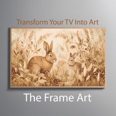 the frame art has two rabbits on it and is in front of an image with text that reads transform your tv into art