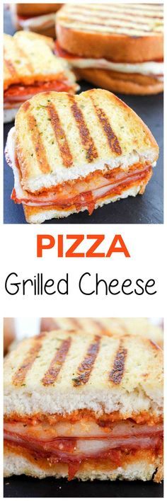 grilled cheese sandwiches are shown with the words pizza on top and bottom, in three different pictures