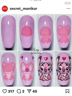 Character Nail Art Tutorial, Stitch Nails Step By Step, How To Draw Nail Art Step By Step, Drawing On Nails Step By Step, Disney Valentines Nails Designs, Stitch Angel Nails, Stitch Nail Art Tutorial, Pink Stitch Nails, Character Nail Art Disney