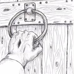 a drawing of a person's hand holding the handle on a wooden door knob