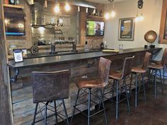 a bar with several stools in front of it