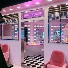 a beauty salon with pink chairs and checkered flooring in front of the doors