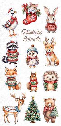 watercolor christmas animals with sweaters, hats and stockings on their heads are shown