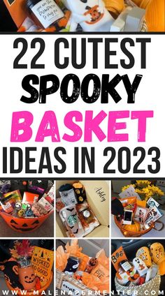 spooky basket ideas Halloween Treat Basket Ideas, Diy Halloween Gifts For Friends, Cheap Spooky Basket Ideas, Halloween Treat Baskets For Adults, Halloween Basket For Coworkers, Halloween Basket Ideas For Adults, Diy Spooky Basket