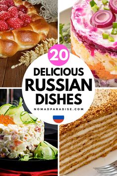 the top 20 delicious russian dishes are featured in this collage with text overlay